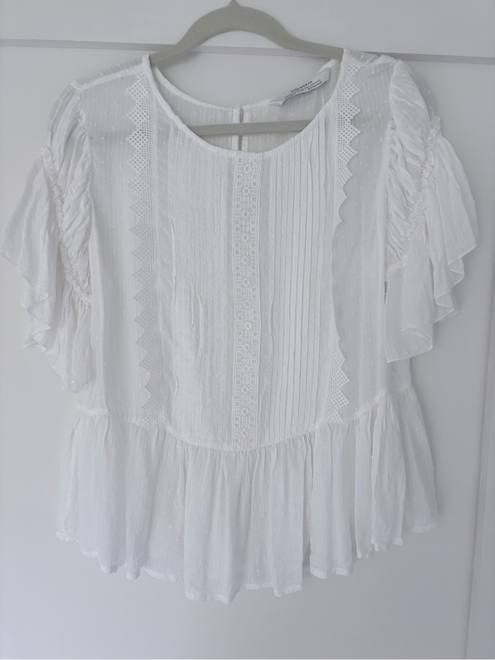 Zara Women’s White Cotton Sheer Eyelet Peplum Blouse - Picture 3 of 15
